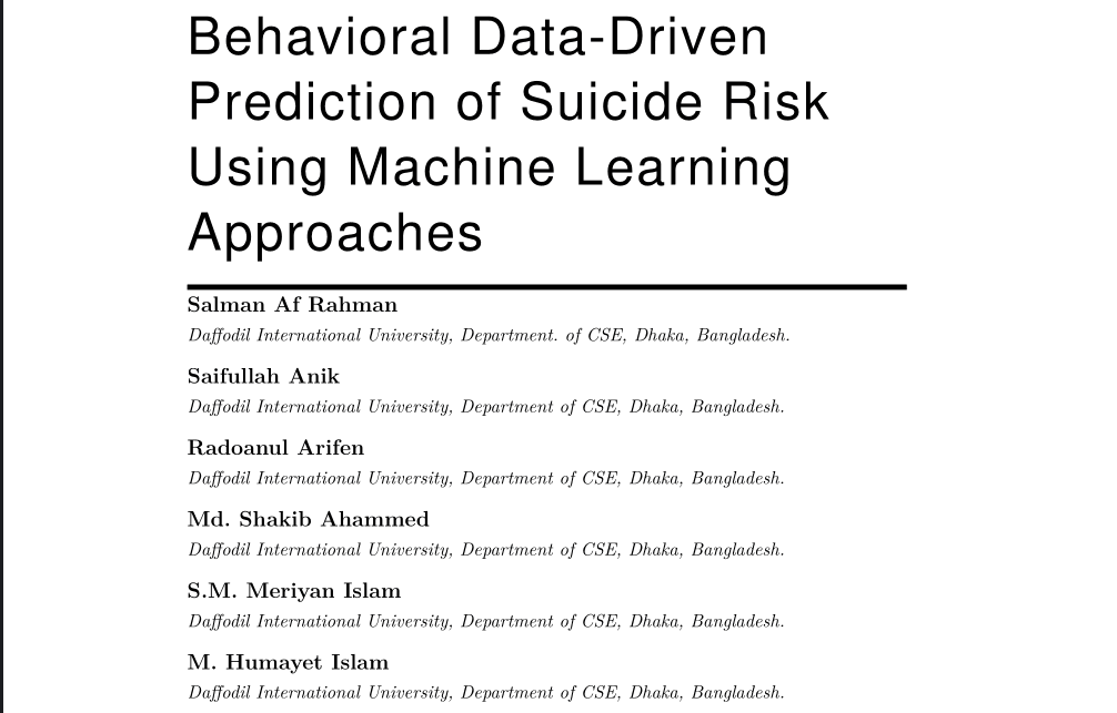 Behavioral Data-Driven Prediction of Suicide Risk Using Machine Learning Approaches project preview